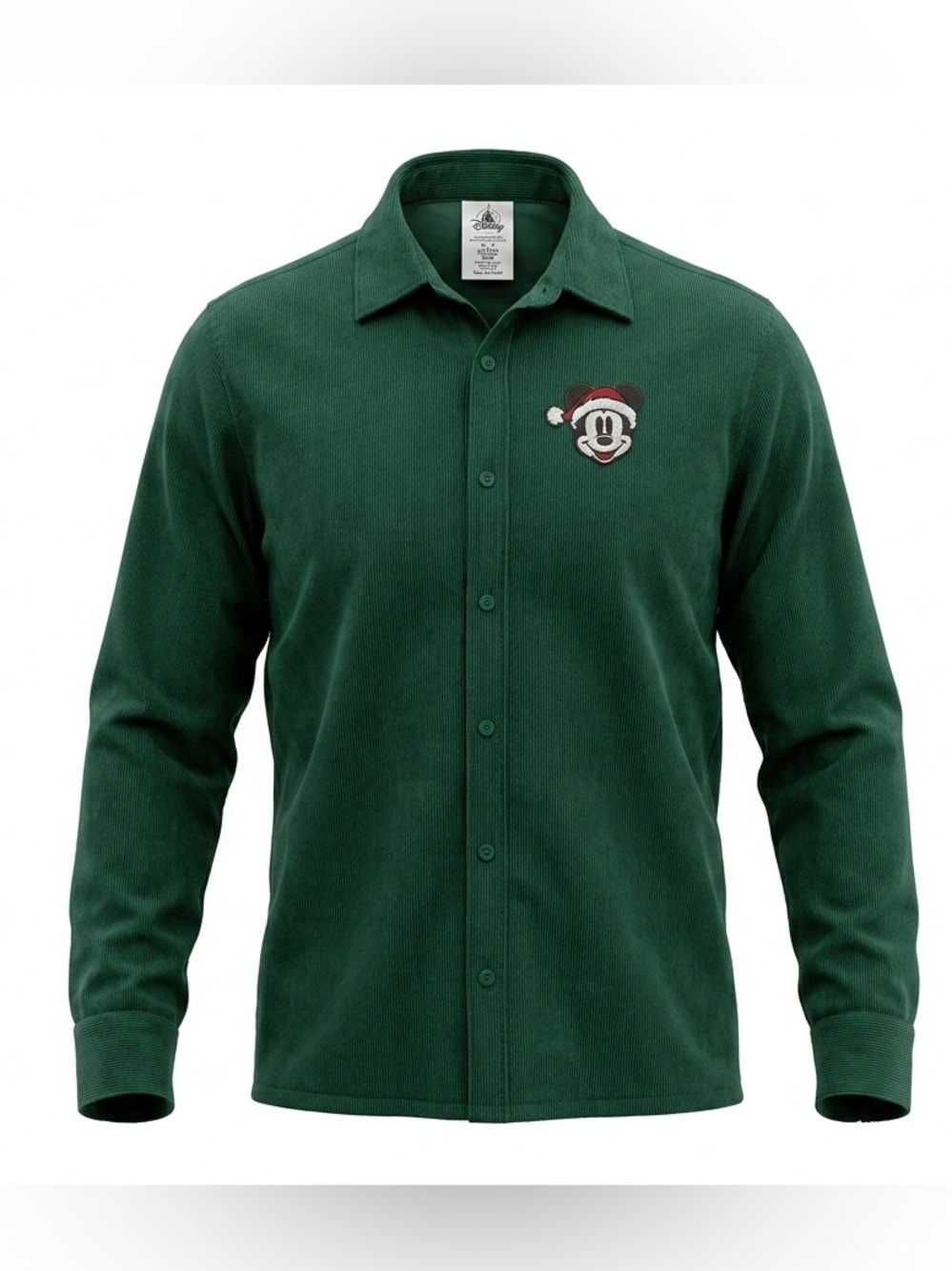 Disney Men's Forest Green Corduroy Button-Down Shirt with Mickey Santa Patch